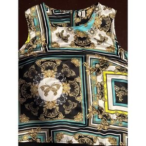Madison Baroque Scarf Print Sleeveless Blouse Teal Gold Butterfly Zipper Back L